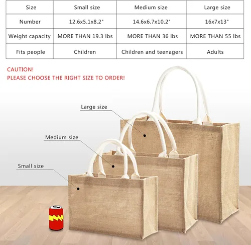 Vista 6 de Bolsas de viaje de yute, juego de 10 bolsas de arpillera, medianas de 14.5 x 6.7 x 10.2 pulgadas, bolsa reutilizable para fiestas, bodas, playa