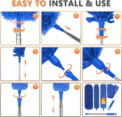 Vista 4 de Plumeros profesionales de microfibra para limpieza, 6 plumeros extensibles y flexibles con poste telescópico de 100 pulgadas, kit de limpieza