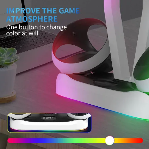 Vista 3 de G-STORY Base de carga para controlador PSVR2, base de luz RGB estación de carga vertical con soporte de auriculares VR, cargador PS VR2