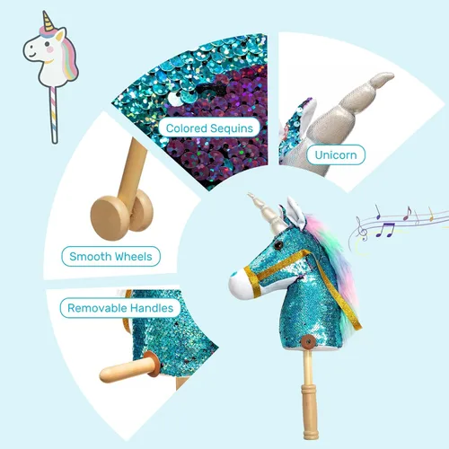 Vista 5 de HollyHOME Caballo de unicornio con lentejuelas, caballo de juguete artesanal con palo y ruedas de madera, sonidos reales de relincho y galope de Azul