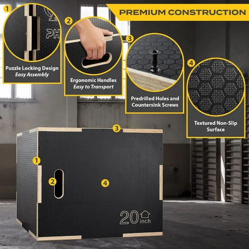 Vista 3 de Philosophy Gym Caja pliométrica de madera antideslizante 3 en 1 para entrenamiento y acondicionamiento Negro