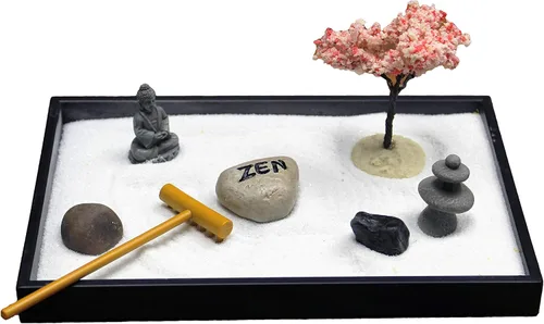 Vista 7 de Nature's Mark Mini kit de jardín zen para escritorio con rastrillo, arena blanca, base redonda negra, figura de pagoda en miniatura, rocas de río