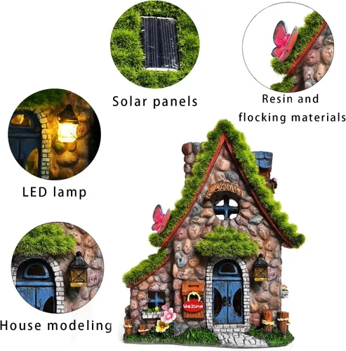 Vista 9 de Estatuas de casa de hadas de resina ASAWASA con luces solares, esculturas de jardín divertidas con decoración flocada y adoquinada, exquisitas