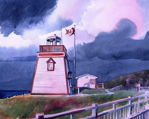 Vista 2 de Fox punto Faro St. Anthony Terranova Canadá Matted Acuarela Arte impresión, 5x7