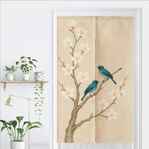 Vista 3 de Cortina de puerta japonesa con diseño de pájaros y flores, estilo asiático, 33.5 x 55 pulgadas, tapiz para cocina, bistró, sombreado, decoración