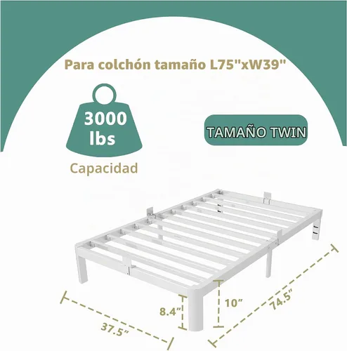 Vista 2 de ITIMIDI Marco de cama blanco de 10 pulgadas, tamaño individual con juntas de metal, marco de cama de plataforma blanca metálica, no necesita somier
