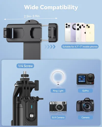 Vista 5 de TECKNET Trípode de teléfono de 71 pulgadas y palo para selfie, soporte de trípode portátil extensible para teléfono celular con control remoto