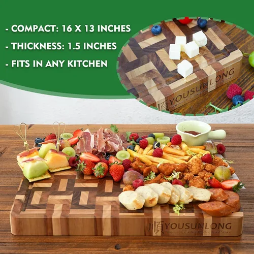 Vista 7 de YOUSUNLONG Cutting Board Large End Grain Acacia Wood Mixed With Oak - 1.5in Thick - 16''x13''Oversized Cutting Boards - Sustainable Kitchen Chopping