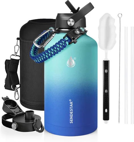 Vista 70 de SENDESTAR Botella de agua aislada de 24 onzas, boca ancha, botella de agua de 24 onzas con tapa con popote, tapa de boquilla, acero inoxidable