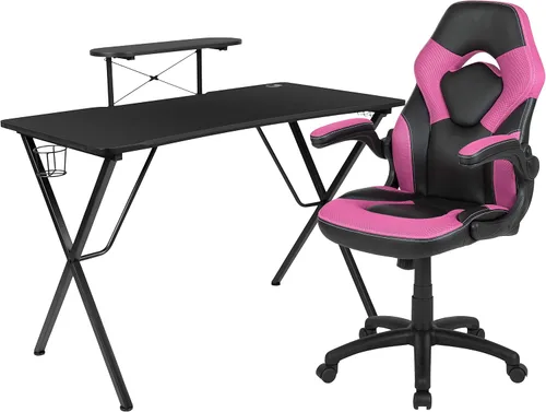 Vista 22 de Flash Furniture Juego de escritorio para juegos negro y silla de carreras blanco/negro con soporte para tazas, gancho para auriculares y soporte