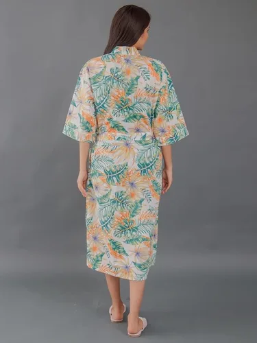 Vista 4 de Cárdigan tipo kimono con estampado indio para mujer, cuello en V, suelto, para playa, vestido de noche tipo kimono de algodón