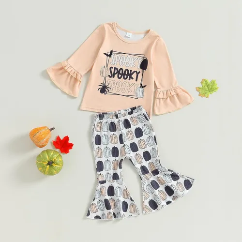 Vista 2 de fyclemt Ropa de Halloween para bebé, niña, niño, manga larga, calabaza, camiseta, sudadera, pantalones acampanados, trajes de otoño