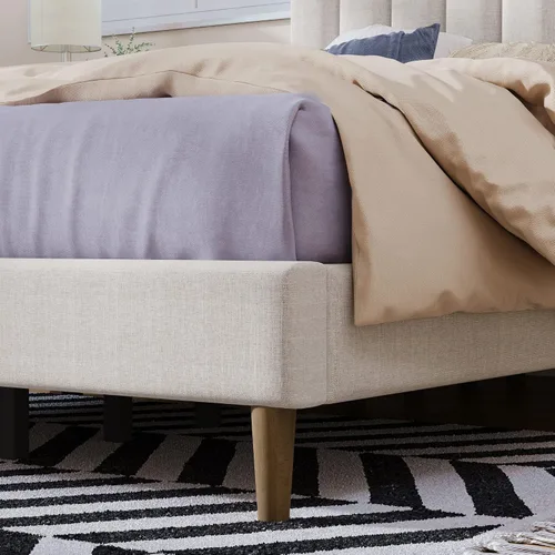 Vista 6 de Base de cama tapizada moderna de tamaño matrimonial con cabecera capitonada de canal vertical, base de cama de lino con plataforma completa