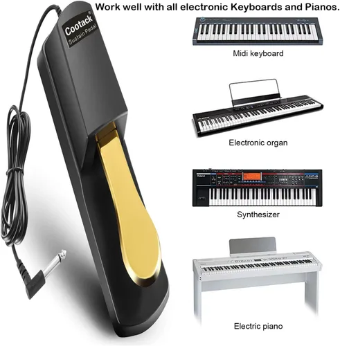 Vista 4 de Pedal de sostenimiento universal adecuado para teclados electrónicos Yamaha Casio Roland, piano digital y más dorado