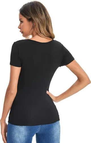 Vista 2 de Verdusa Womens Short Sleeve Square Neck T-Shirt Basic Solid Slim Fitted Top Tee