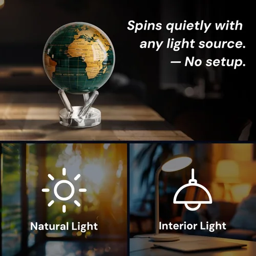 Vista 4 de MOVA Globe - Verde esmeralda y dorado clásico (4.5 pulgadas) Movimiento alimentado por energía solar Sin baterías Regalo para escritorio