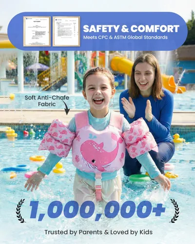 Vista 2 de Gogokids 2-in-1 Toddler Swim Vest Pool Floaties for Kids[CPC Certified & Remove Crotch Strap]Puddle Float Jumper 24-66 Pounds, Toddler Arm Floaties