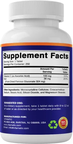 Vista 8 de Vitamatic Gluconato ferroso 324 mg + vitamina C 100 mg – Sin aditivos de color artificial – Suave para el estómago – 250 tabletas – Fabricado