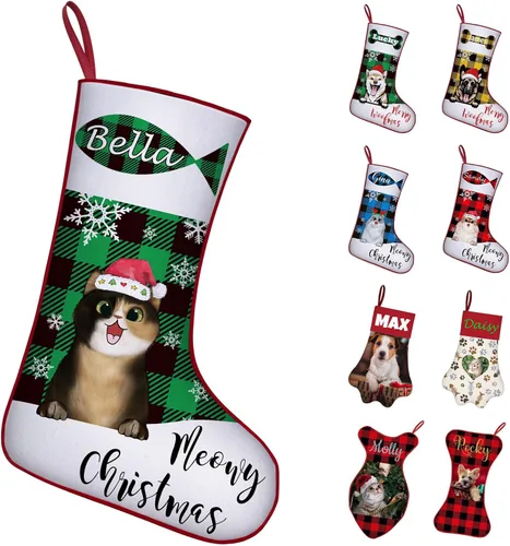 Vista 12 de Calcetines de Navidad personalizados con foto de nombre, medias personalizadas en forma de hueso para perros, gatos, mascotas, medias de Navidad