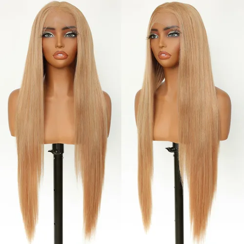 Vista 12 de SOKU 13x6 Peluca de encaje frontal HD transparente de 32" con cabello de bebé sintético pre-depilado resistente al calor de parte libre marrón