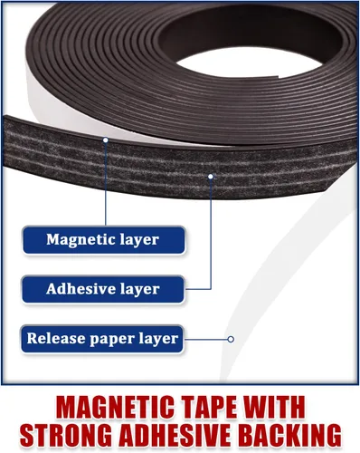 Vista 5 de Cinta magnética, 2 rollos de imanes de 32 pies con fuerte adhesivo en la parte posterior, tira magnética flexible anisotrópica