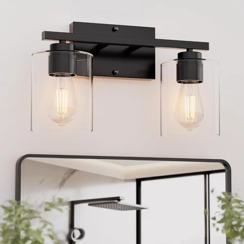 Vista 10 de Honesorn Lámparas de baño de 4 luces, luz de tocador de baño, color negro mate, accesorios de iluminación modernos con pantalla de vidrio