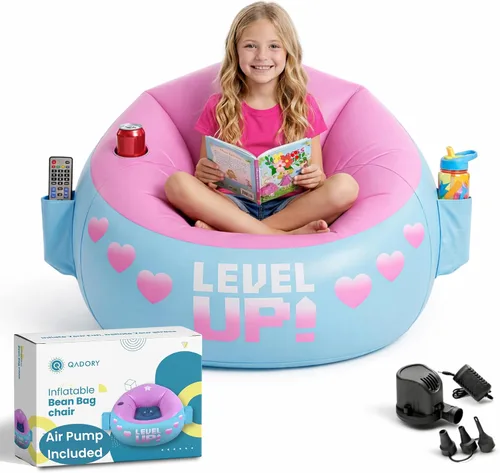 Vista 9 de Silla de Gaming Inflable para Niños – Soporta Hasta 300 libras, Incluye Bomba de Aire, Portavasos, 2 Bolsillos – Asiento de Puf de Gaming Duradero