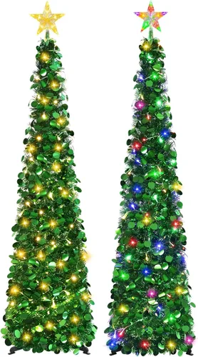 Vista 16 de MACTING Árbol de Navidad desplegable con 50 luces LED con temporizador, 5 pies, árbol de lápiz de oropel plegable de fácil montaje, árbol artificial