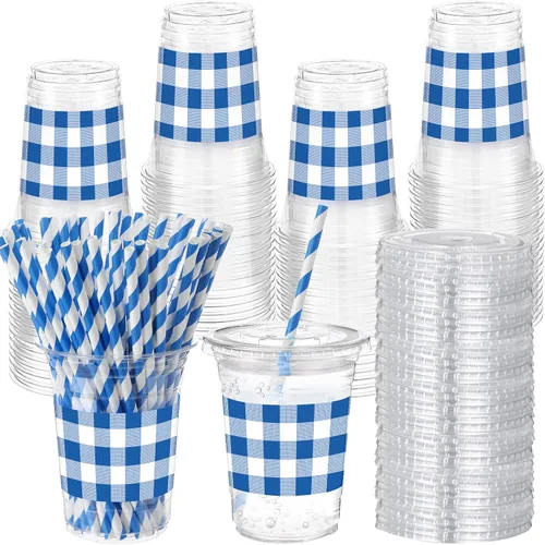 Vista 17 de Sliner 50 juegos de vasos de plástico a cuadros de 16 onzas con tapas y pajitas de papel, vasos desechables transparentes para fiesta de autos