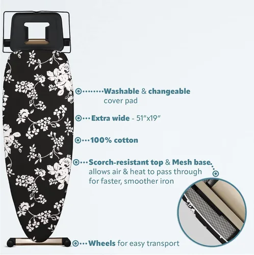 Vista 2 de Bartnelli Pro Luxury - Tabla de planchar extra ancha de 51x19 pulgadas con soporte para plancha de vapor resistente, ruedas para fácil