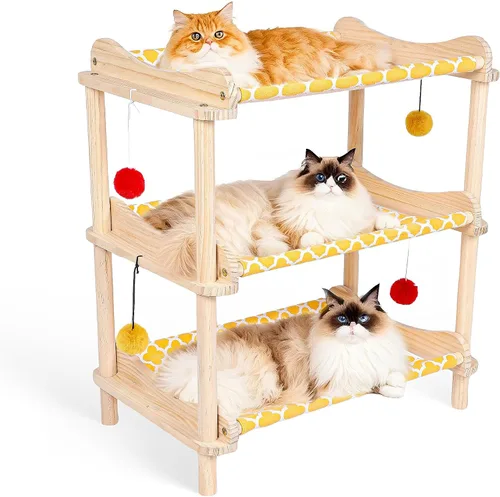 Vista 11 de Cama elevada de madera para gatos – 24 x 15.7 x 5.9 pulgadas, hamaca transpirable para mascotas para uso en interiores y exteriores, tumbona elevada