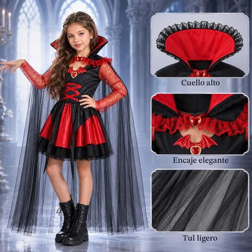 Vista 3 de Latocos Disfraz de vampiro de Halloween para niñas, vestido de vampiro