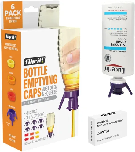 Vista 9 de Flip-It! Kit de vaciado de botellas: voltea la botella boca abajo para obtener cada gota. Adaptadores adicionales incluidos para adaptarse a