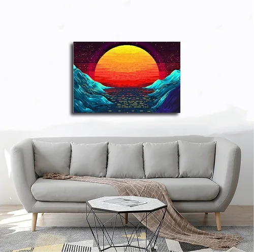 Vista 4 de Original Retro Wave at Sunset Painting Art on Canvas, Magical Sun Printing Canvas Sets, Pixeles Graphics Canvas Wall Art Print Poster For Home