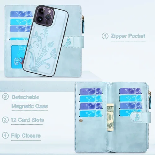 Vista 3 de Funda compatible con iPhone 14 Pro Max de 6.7 pulgadas [ranuras para tarjetas] Funda de piel con bolsillo con cremallera y correa para la muñeca