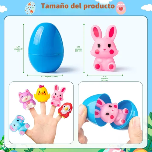 Vista 3 de Huevos de Pascua precargados con juguetes, paquete de 12 huevos de Pascua precargados con marionetas de dedo, ideales para caza de huevos de Pascua