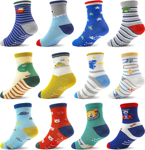 Vista 9 de ELUTONG - Calcetines de agarre para niños, paquete de 12 unidades, antideslizantes, calcetines de tripa para bebés y niños de 1 a 7 años, niños