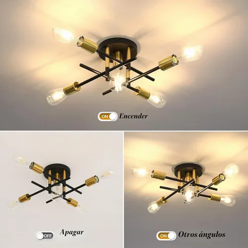 Vista 4 de UOFUS Lámpara de techo semiempotrada de 5 luces estilo casa de campo con lámpara E26 moderna lámpara de techo Sputnik negro mate y dorado