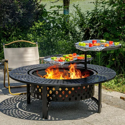 Vista 10 de OutVue Fogata de 36 pulgadas con 2 parrillas, fogata de leña para exteriores con tapa, atizador y cubierta redonda impermeable, barbacoa y hoguera