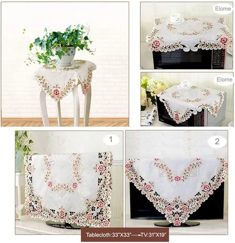 Vista 3 de LeLehome - Mantel de encaje bordado con flores cafés, color crema y beige, diseño clásico y tela que no se arruga para mesa de comedor