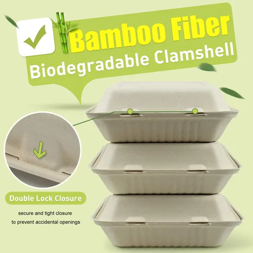 Vista 2 de Green Earth, 9 pulgadas, 50 unidades, 3 compartimentos, almeja compostable, BAM ware (fibra de bambú), cajas de comida para llevar – recipientes 9