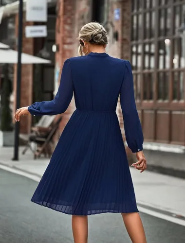 Vista 7 de HAOKEKE Vestido de gasa de manga larga para mujer, vestido de gasa retro con cuadrícula marrón, botones plisados, lazo hacia abajo, vestido de mujer