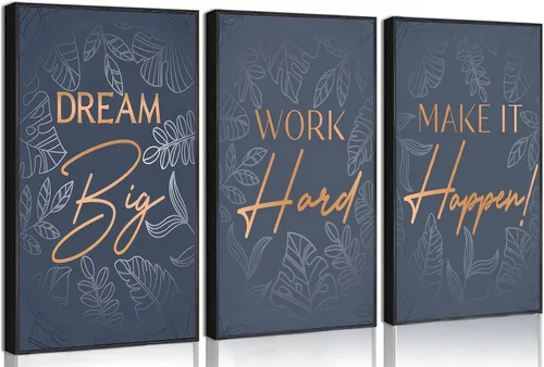 Vista 7 de 3 piezas de lienzo inspirador de oro azul para oficina, arte de pared, inspirador motivacional positivo, pinturas botánicas, cuadros de decoración