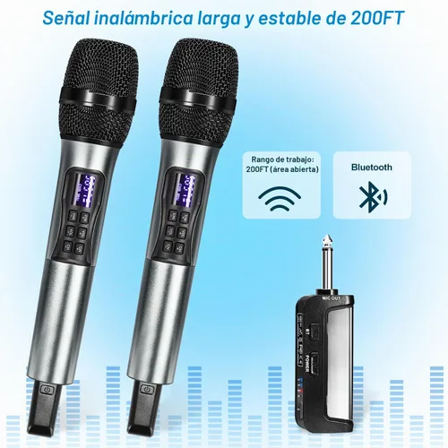 Vista 5 de Sistema de karaoke inalámbrico con receptor Bluetooth recargable, micrófono inalámbrico dinámico de mano profesional, rango UHF de 200 pies, salida