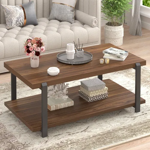 Vista 12 de FOLUBAN - Mesa de café negra, mesa de centro moderna de madera rústica con almacenamiento para sala de estar, mesa de té industrial de 2 niveles