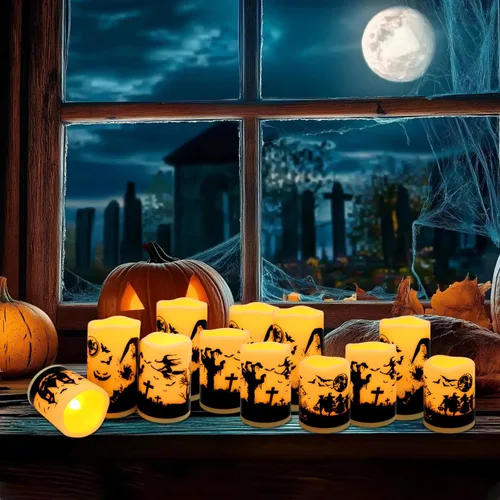 Vista 4 de fclayvts Paquete de 12 Velas de Pilar LED Sin Llama de Halloween - Funcionan con Baterías con Control Remoto y Temporizador, Luz Cálida Parpadeante