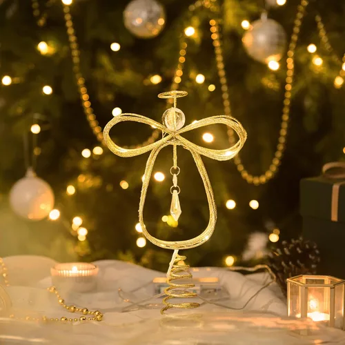 Vista 5 de Valery Madelyn Adorno de Ángel Iluminado para la Punta del Árbol de Navidad con Temporizador, Ángel Pequeño de Metal Dorado Preiluminado de 10