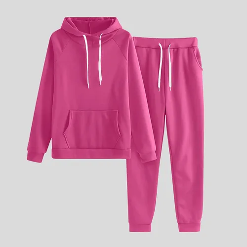 Vista 2 de Conjunto deportivo de 2 piezas para mujer, sudadera con capucha y cordón, pantalones largos de dos piezas