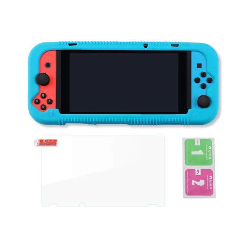 Vista 7 de Teyomi Protective Silicone Case for Nintendo Switch, Grip Cover with Tempered Glass Screen Protector, 2 Storage Slots for Game Cards