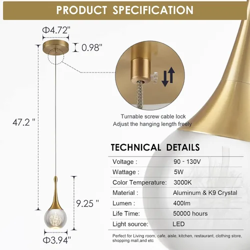 Vista 7 de Lámpara colgante LED moderna para isla de cocina, iluminación colgante de techo de cristal de lágrima dorada regulable para comedor, dormitorio